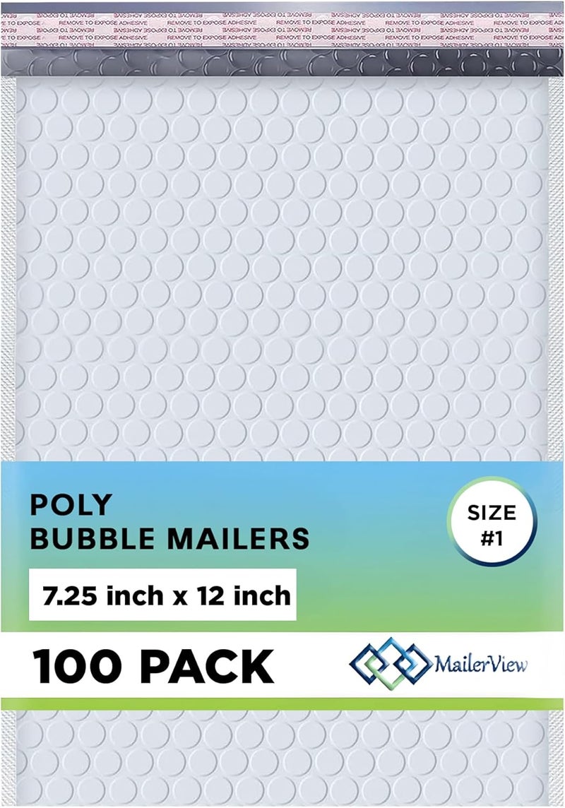 MAILERVIEW White Poly Bubble Mailers 7.25x12 inch #1 | Self Seal Padded Envelopes | Cushioned Bubble Mailer | Usable Size 7.25x11 | WaterProof | Lightweight mailing Shipping Bags | 100 Pack Bulk | Made in USA - Image 1